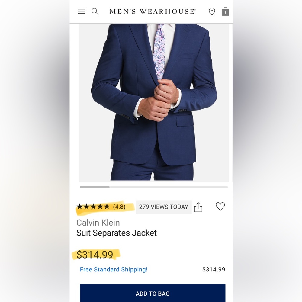 Calvin Klein Solid Slim Fit Suit - 42R/38x30, Blue Wool (Retails for $450)